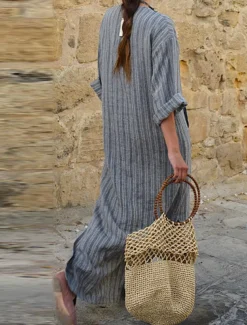 Women's Normal Maxi Dress Cotton Linen Dresses Vintage Dress Stylish Casual Work Daily Loose Fit Stripe Long Sleeve V Neck Red Green Gray Spring Fall
