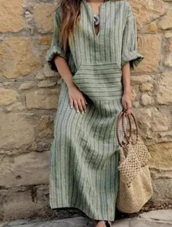 Women's Normal Maxi Dress Cotton Linen Dresses Vintage Dress Stylish Casual Work Daily Loose Fit Stripe Long Sleeve V Neck Red Green Gray Spring Fall