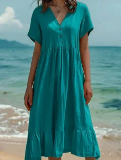Women's Normal Midi Dress Cotton Linen Dresses Casual Dress Casual Street Regular Fit Solid Color Short Sleeve V Neck Light Green Dark Green Orange Dark Grey Summer