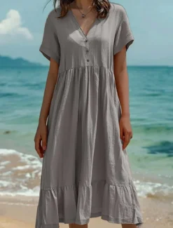 Women's Normal Midi Dress Cotton Linen Dresses Casual Dress Casual Street Regular Fit Solid Color Short Sleeve V Neck Light Green Dark Green Orange Dark Grey Summer