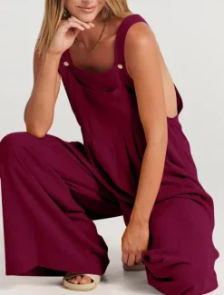 Women's Normal Overall Active Solid Color Sleeveless Round Neck Buttons Pocket Vacation Daily Regular Fit Yellow Wine Apricot Summer