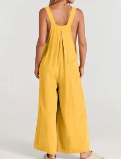 Women's Normal Overall Active Solid Color Sleeveless Round Neck Buttons Pocket Vacation Daily Regular Fit Yellow Wine Apricot Summer