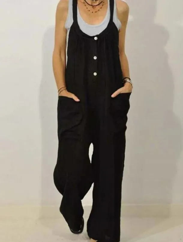 Women's Normal Overall Dungarees Streetwear Solid Color Sleeveless V Neck Buttons Pocket Street Daily Regular Fit Black Khaki Summer