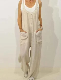 Women's Normal Overall Dungarees Streetwear Solid Color Sleeveless V Neck Buttons Pocket Street Daily Regular Fit Black Khaki Summer