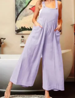 Women's Normal Overall Streetwear Solid Color Sleeveless U Neck Buttons Pocket Street Daily Regular Fit Pink Purple Fuchsia Summer