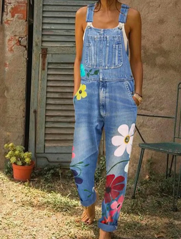 Women's Normal Overall Streetwear Floral Sleeveless Pocket Print Daily Going out Regular Fit Blue Gray Light Blue