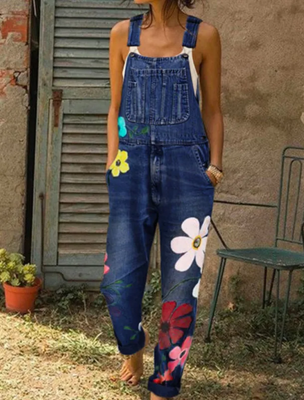 Women's Normal Overall Streetwear Floral Sleeveless Pocket Print Daily Going out Regular Fit Blue Gray Light Blue