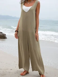Women's Normal Overall Streetwear Solid Color Sleeveless V Neck Pocket Street Daily Regular Fit Black Pink Green Summer