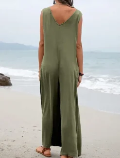 Women's Normal Overall Streetwear Solid Color Sleeveless V Neck Pocket Street Daily Regular Fit Black Pink Green Summer