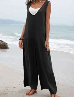 Women's Normal Overall Streetwear Solid Color Sleeveless V Neck Pocket Street Daily Regular Fit Black Pink Green Summer