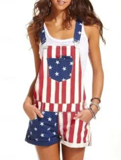 Women's Normal Overall Streetwear National Flag Sleeveless Square Neck Buttons Pocket Street Daily Regular Fit Black Red Summer