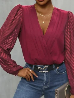 Women's Normal Playsuit Stylish Solid Color Long Sleeve V Neck Party Work Regular Fit Black Red Green Spring
