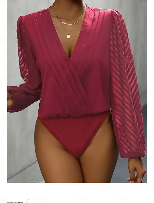 Women's Normal Playsuit Stylish Solid Color Long Sleeve V Neck Party Work Regular Fit Black Red Green Spring