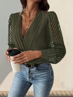 Women's Normal Playsuit Stylish Solid Color Long Sleeve V Neck Party Work Regular Fit Black Red Green Spring