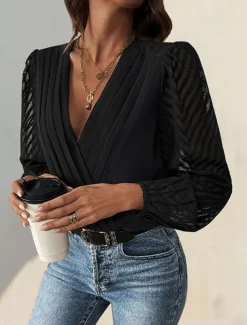 Women's Normal Playsuit Stylish Solid Color Long Sleeve V Neck Party Work Regular Fit Black Red Green Spring