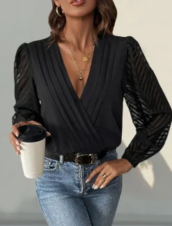 Women's Normal Playsuit Stylish Solid Color Long Sleeve V Neck Party Work Regular Fit Black Red Green Spring