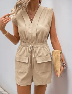 Women's Normal Romper Active Solid Color Sleeveless V Neck Pocket High Waist Vacation Daily Regular Fit Khaki Summer