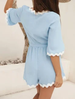 Women's Normal Romper Active Solid Color Sleeveless V Neck Lace up High Waist Vacation Daily Regular Fit Blue Summer