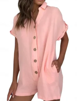 Women's Normal Romper Active Solid Color Short Sleeve Shirt Collar Buttons Vacation Daily Regular Fit White Pink Summer