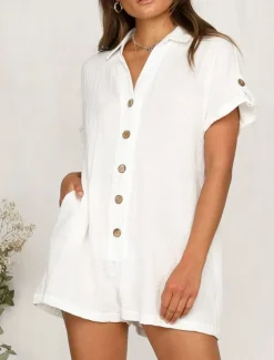 Women's Normal Romper Active Solid Color Short Sleeve Shirt Collar Buttons Vacation Daily Regular Fit White Pink Summer