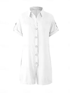 Women's Normal Romper Active Solid Color Short Sleeve Shirt Collar Buttons Vacation Daily Regular Fit White Pink Summer
