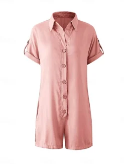 Women's Normal Romper Active Solid Color Short Sleeve Shirt Collar Buttons Vacation Daily Regular Fit White Pink Summer