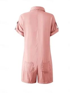 Women's Normal Romper Active Solid Color Short Sleeve Shirt Collar Buttons Vacation Daily Regular Fit White Pink Summer
