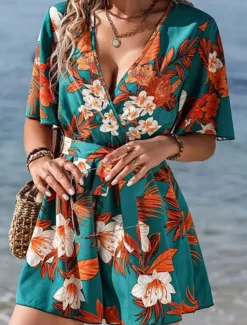 Women's Normal Romper Active Floral Short Sleeve V Neck High Waist Print Vacation Daily Regular Fit Black Green Summer