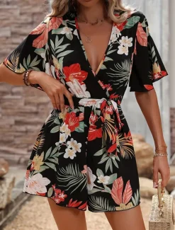 Women's Normal Romper Active Floral Short Sleeve V Neck High Waist Print Vacation Daily Regular Fit Black Green Summer
