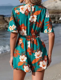 Women's Normal Romper Active Floral Short Sleeve V Neck High Waist Print Vacation Daily Regular Fit Black Green Summer