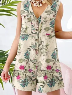 Women's Normal Romper Active Floral Sleeveless V Neck Buttons High Waist Vacation Daily Regular Fit Yellow Red Navy Blue Summer