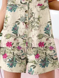 Women's Normal Romper Active Floral Sleeveless V Neck Buttons High Waist Vacation Daily Regular Fit Yellow Red Navy Blue Summer