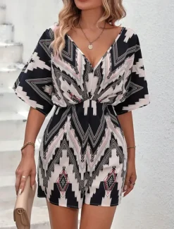 Women's Normal Romper Active Geometric Short Sleeve V Neck High Waist Print Vacation Daily Regular Fit Black Summer