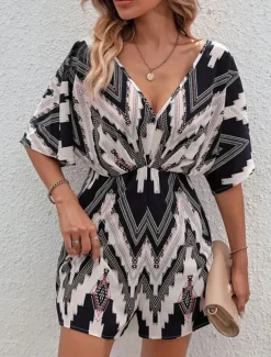 Women's Normal Romper Active Geometric Short Sleeve V Neck High Waist Print Vacation Daily Regular Fit Black Summer