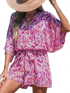 Women's Normal Romper Active Geometric 3/4 Length Sleeve V Neck Print Vacation Daily Regular Fit Pink Blue Purple Summer