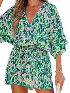 Women's Normal Romper Active Geometric 3/4 Length Sleeve V Neck Print Vacation Daily Regular Fit Pink Blue Purple Summer