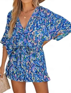 Women's Normal Romper Active Geometric 3/4 Length Sleeve V Neck Print Vacation Daily Regular Fit Pink Blue Purple Summer
