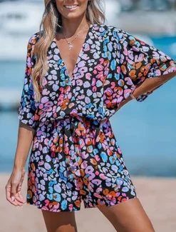 Women's Normal Romper Active Geometric 3/4 Length Sleeve V Neck Print Vacation Daily Regular Fit Pink Blue Purple Summer