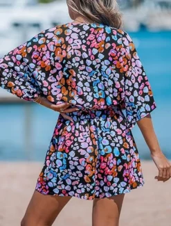 Women's Normal Romper Active Geometric 3/4 Length Sleeve V Neck Print Vacation Daily Regular Fit Pink Blue Purple Summer