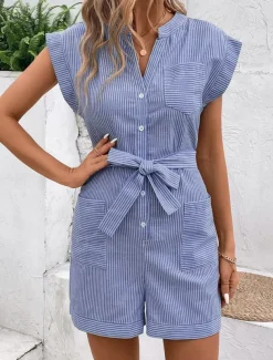 Women's Normal Romper Active Striped Sleeveless V Neck Lace up Pocket Vacation Daily Regular Fit Red Blue Green Summer