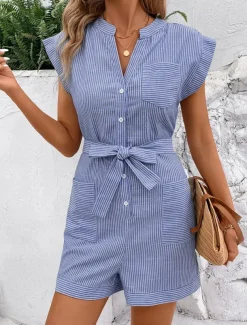 Women's Normal Romper Active Striped Sleeveless V Neck Lace up Pocket Vacation Daily Regular Fit Red Blue Green Summer