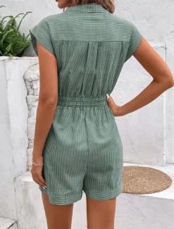 Women's Normal Romper Active Striped Sleeveless V Neck Lace up Pocket Vacation Daily Regular Fit Red Blue Green Summer