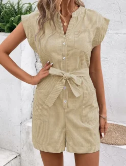 Women's Normal Romper Active Striped Sleeveless V Neck Lace up Pocket Vacation Daily Regular Fit Red Blue Green Summer