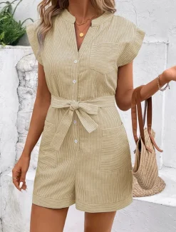 Women's Normal Romper Active Striped Sleeveless V Neck Lace up Pocket Vacation Daily Regular Fit Red Blue Green Summer