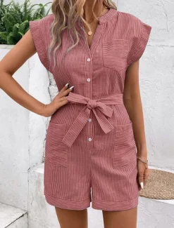 Women's Normal Romper Active Striped Sleeveless V Neck Lace up Pocket Vacation Daily Regular Fit Red Blue Green Summer