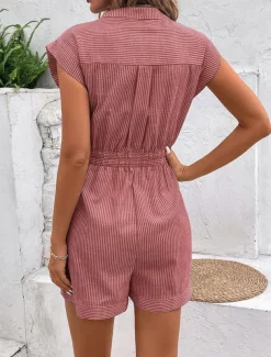 Women's Normal Romper Active Striped Sleeveless V Neck Lace up Pocket Vacation Daily Regular Fit Red Blue Green Summer