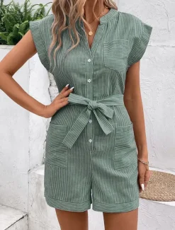 Women's Normal Romper Active Striped Sleeveless V Neck Lace up Pocket Vacation Daily Regular Fit Red Blue Green Summer