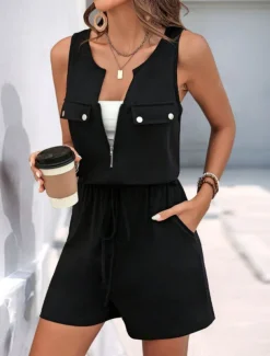 Women's Normal Romper Active Solid Color Sleeveless Round Neck Zipper Pocket Vacation Daily Regular Fit Black Summer