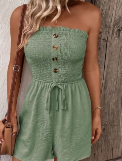 Women's Normal Romper Active Solid Color Sleeveless Strapless Buttons Drawstring Vacation Daily Regular Fit Black Blue Green Summer