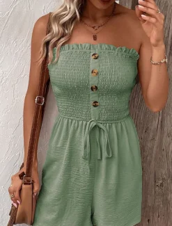 Women's Normal Romper Active Solid Color Sleeveless Strapless Buttons Drawstring Vacation Daily Regular Fit Black Blue Green Summer